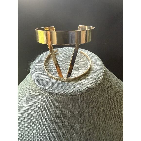 Gold Tone Cuff Bracelet Chunky Wide Bangle Geometric Egyptian Revival Modernist - Picture 3 of 6
